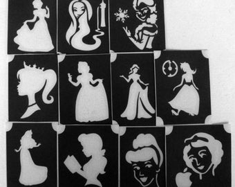 Bm2019 set PRINCESSES princesse dessins TATOUAGE PAILLETÉ 11 pochoirs différents tatouage à paillettes génial DIY