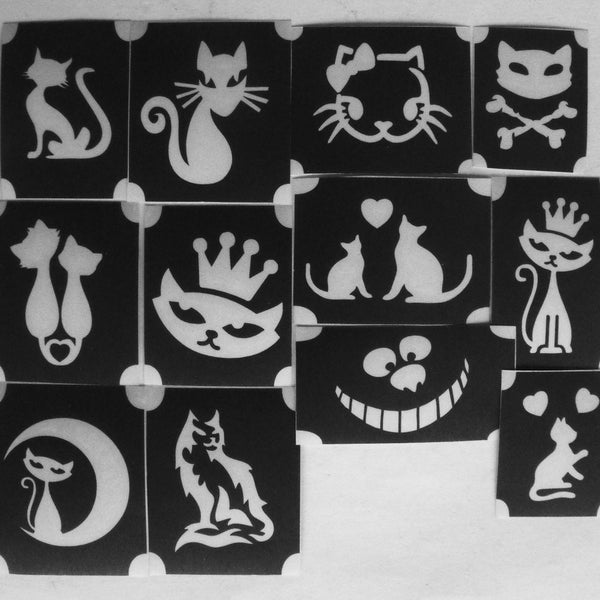 bm2021 set 1  cats cat animal pet heart crown moon 12 different designs GLITTERTATTOO stencils glitter tattoo diy