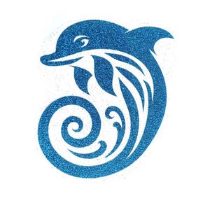 May include: A blue glitter dolphin silhouette with a swirling wave design. The dolphin is facing left and has a stylized fin.