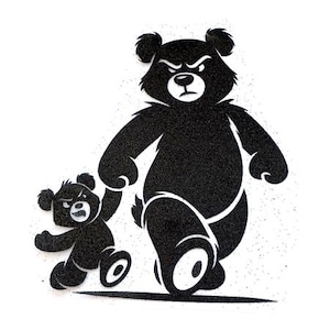 May include: A black bear with a grumpy expression walks with a smaller black bear. Both bears are in a silhouette style.