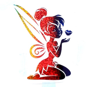 May include: A red, orange, and yellow glitter silhouette of Tinkerbell, a fairy with wings, blowing a kiss.