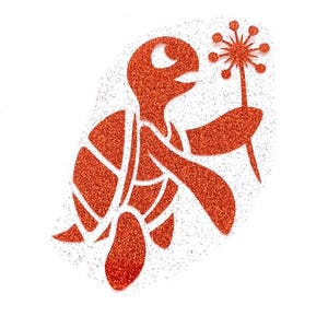 May include: A red glitter turtle holding a red glitter dandelion. The turtle is outlined in white.