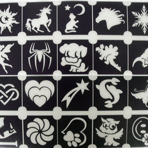 Glitter tattoo 20 stencils GLITTER TATTOO sun fairy mermaid dolphin butterfly hearts dino paw rocket moon yy owl pegasus seahorse firetruck