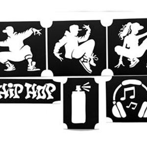 以下が含まれることがあります： ヒップホップをテーマにしたデザインが施された黒いステンシル6枚セット。ステンシルには、スプレー缶、ヘッドホン、ダンサー3人が含まれています。ステンシルの1枚には「Hip Hop」という文字が書かれています。