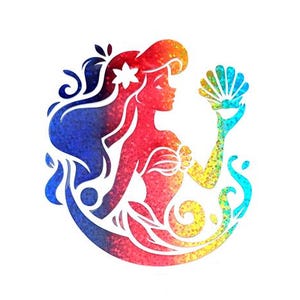 May include: A colorful silhouette of a mermaid holding a seashell. The design features a gradient of colors, including red, blue, yellow, and green. The mermaid has long flowing hair and is surrounded by decorative swirls.