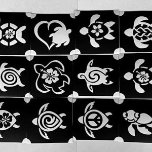 Glitzer Tattoo Schablonen Set TURTLES Hawaii hibiscus plumeria Peace Zeichen tribal designs GLITTERTATTOO 12 verschiedene Stück DIY