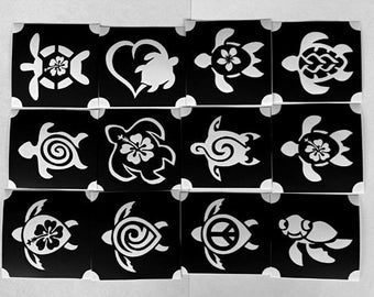Juego de plantillas para tatuajes con brillantina, TORTUGAS, Hawaii, hibisco, plumeria, símbolo de la paz, diseños tribales, GLITTERTATTOO, 12 piezas diferentes, bricolaje