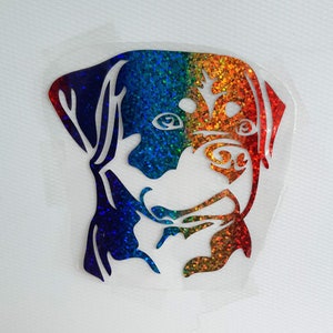 May include: A rainbow glitter Rottweiler dog silhouette decal. The decal is cut out of vinyl and has a rainbow glitter finish.