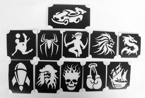 Glitter tattoo bm2017 set 1 boys designs skull rocket spider car soccer ninja lion dragon pirate boxing GLITTERTATTOO 11 different stencils