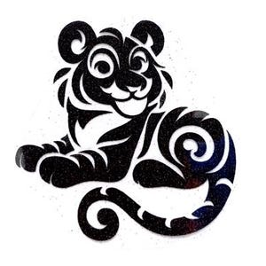 May include: Black glitter vinyl decal of a cartoon tiger with a curled tail. The tiger has a playful expression and is outlined in black.