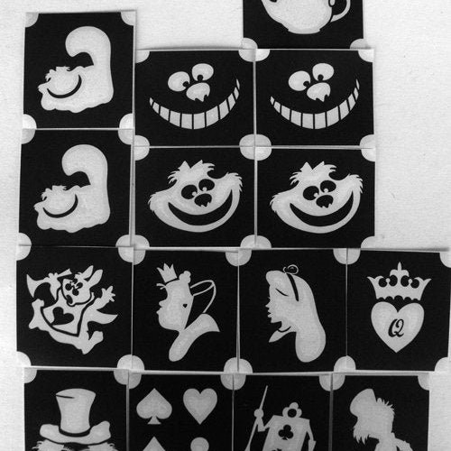 Glitter tattoo bm2020 set Alice in Wonderland GLITTER TATTOOS rabbit queen of hearts mad hatter cheshire Alice cards 15 stencils awesome DIY