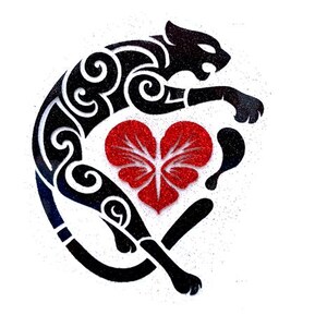 May include: A black panther design featuring white swirling patterns and a red heart-shaped flower. The panther is depicted in a dynamic pose, reaching towards the flower. The design is set against a white backdrop.