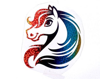 Paardenhoofd dier IRON ON transfer patch holografische regenboogfolie 7,5 cm hoog L@@K Pimp je shirt Aandacht gegarandeerd