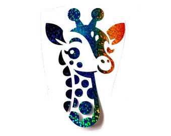 Giraffe hoofd dier IRON ON transfer patch holografische regenboogfolie 10 cm hoog L@@K Pimp je shirt Aandacht gegarandeerd