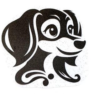 May include: Black and white illustration of a cartoon dog with a big smile. The dog has a large, round head with big eyes and a long, floppy ear. The dog's mouth is open in a wide grin, showing its teeth. The dog's tail is curled up behind it.