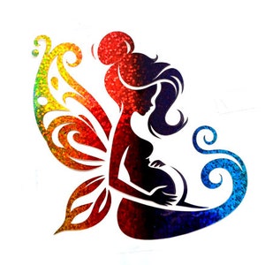 May include: A colorful silhouette of a pregnant fairy with wings. The fairy is depicted with a rainbow gradient, with the wings in shades of red, orange, yellow, and green, and the body in shades of blue and purple.
