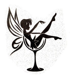 May include: Black silhouette of a fairy sitting inside a wine glass. The fairy has wings and is holding a glass of wine.