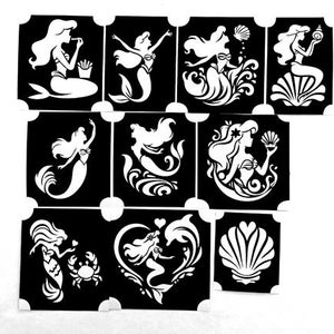 May include: A collection of mermaid stencils in various poses and designs. Each stencil is a white silhouette on a black background. The designs include mermaids with seashells, in waves, and with a crab.