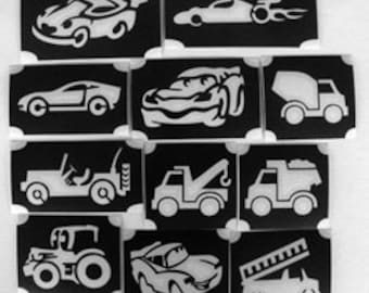 bm2019 set 1 cars vehicle designs GLITTERTATTOO 11 different stencils glitter tattoo awesome