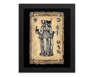 HEKATE ALTAR ART: Póster enmarcado de la estatua de Hécate, diosa oscura de las brujas, brujería, luna, nigromancia, magia, hierbas y venenos.