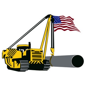 May include: A yellow construction vehicle with a crane arm lifting a large gray pipe. The crane arm is decorated with an American flag.