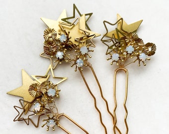 Celestial hair pins. Star bridal pins. Something blue hair slides. Galaxy accessories. Gold and crystal rhinestone pins. READY TO SHIP.