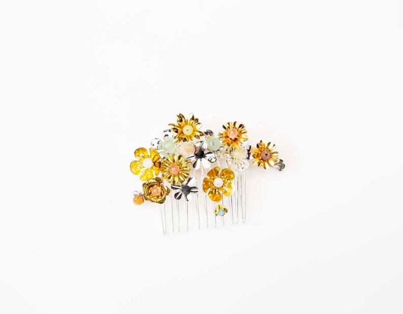 Natural gemstone comb REAY TO SHIP. Silver and gold wedding headpiece Magic garden comb Small metal flower bridal hair accessory