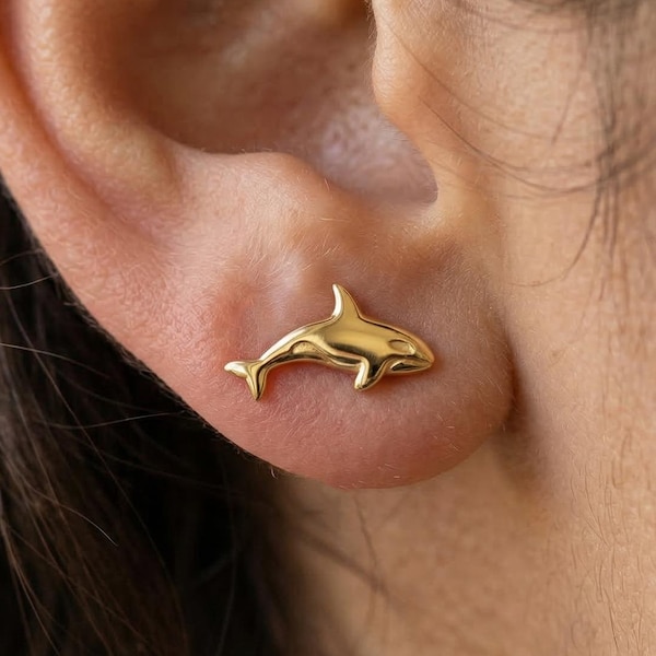 14k Solid Gold Orca Earrings: Whale Jewelry Studs in Yellow Gold, Rose, White, Silver