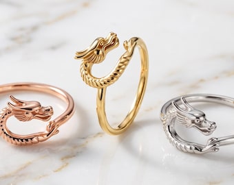 Minimalistisk kinesisk drakring Kinesisk drakring i gult guld Drakring Kinesiska drakesmycken Elegant massivt guld Vitt guld Roséguld