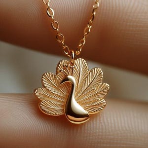 Gold Peacock Charm Necklace Yellow Gold Elegant Pendant Peacock Necklace Solid Gold Minimalist Feather Charm Dainty Peacock Jewelry