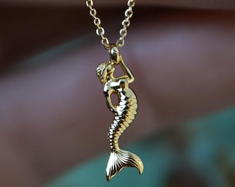 Gold Mermaid Charm Necklace Yellow Gold Ocean Pendant Mermaid Necklace Solid Gold Minimalist Ocean Charm Dainty Mermaid Jewelry