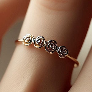 Dainty Minimalist Solid Yellow Gold Rose Ring with Four Roses image 2