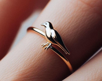 Anillo minimalista de cuervo, anillo de cuervo de oro amarillo, anillo de cuervo, joyería de cuervo, delicado regalo de cuervo de oro macizo, oro de cuervo, oro blanco, oro rosa