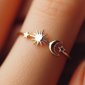 Bague minimaliste soleil lune et étoiles or jaune bague soleil lune et étoiles bague astrologie soleil lune et étoiles or massif or blanc or rose