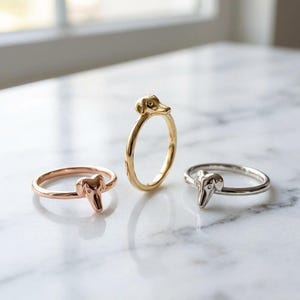 Könnte beinhalten: Drei Metallringe, die jeweils einen kleinen skulptierten Hundekopf als Blickfang aufweisen. Ein Ring ist roségold, einer gelbgold und einer silberfarben. Jedes Band ist dünn und kreisförmig und zeigt eine polierte Oberfläche auf dem Metall.