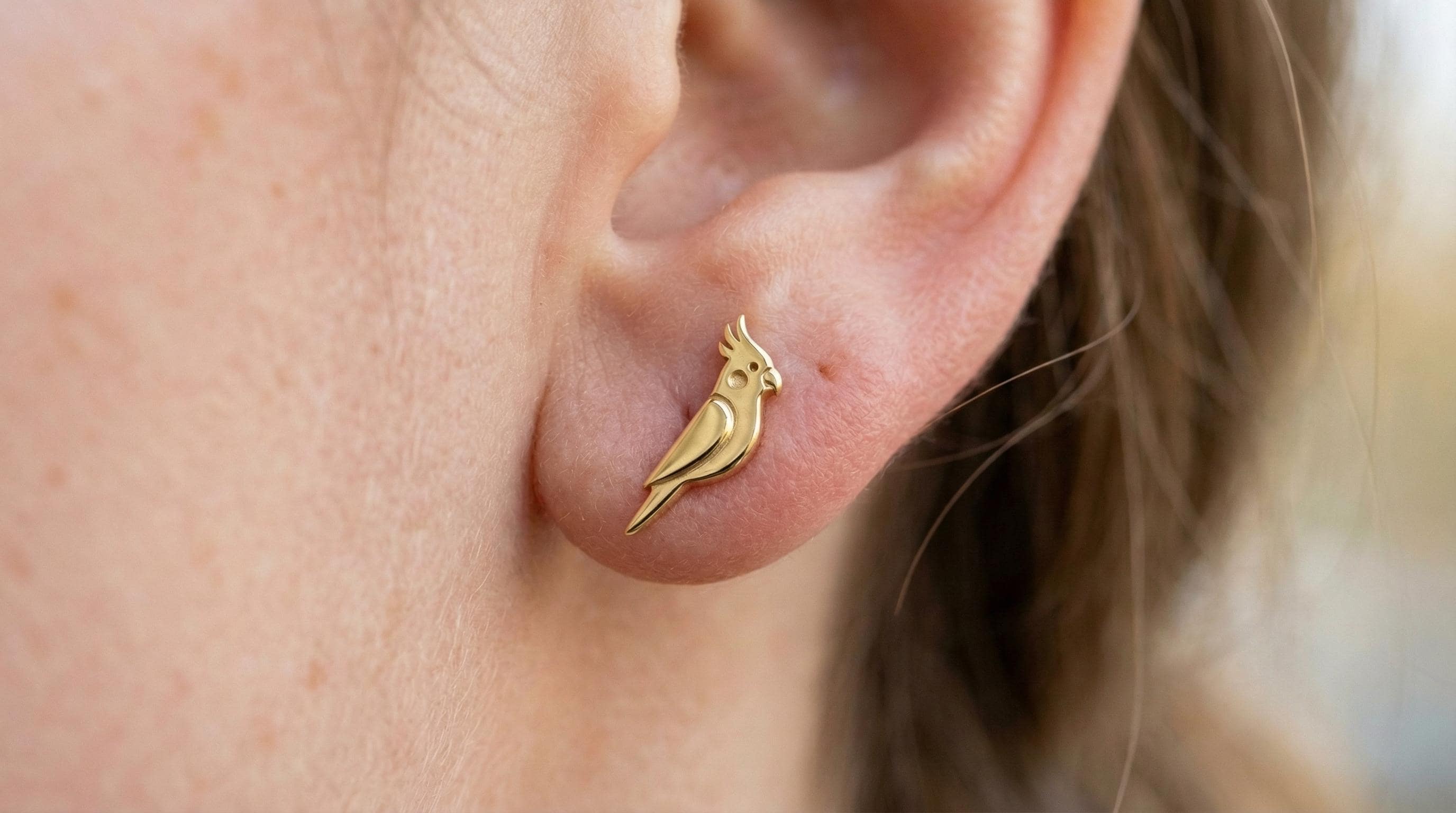 14k Solid Gold Cockatiel Earrings: Bird Jewelry Studs in Yellow Gold, Rose, White, or Silver