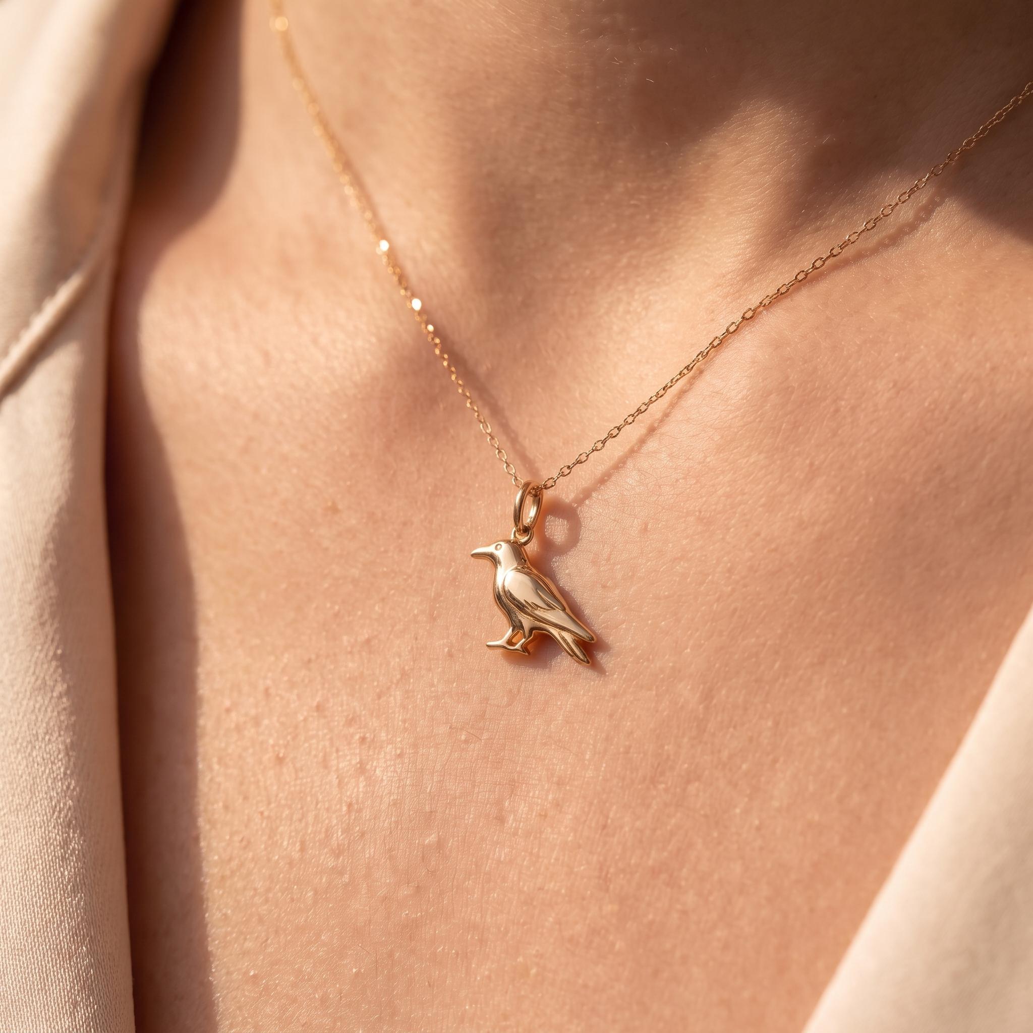 Solid Gold Crow Charm Pendant in Yellow, Rose, or White Gold
