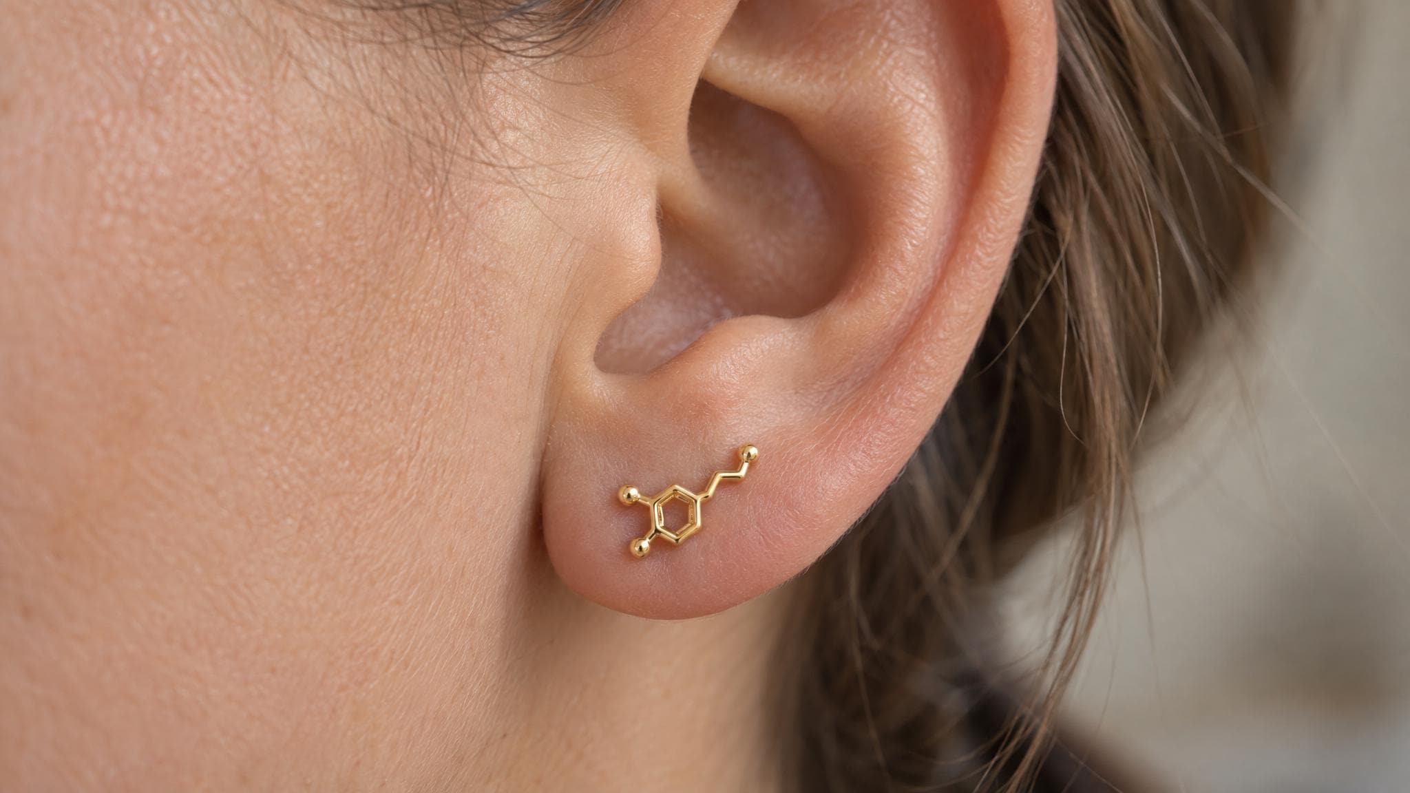 14k Solid Gold Dopamine Molecule Earrings: Chemistry Jewelry Studs in Yellow Gold, Rose, White, or Silver