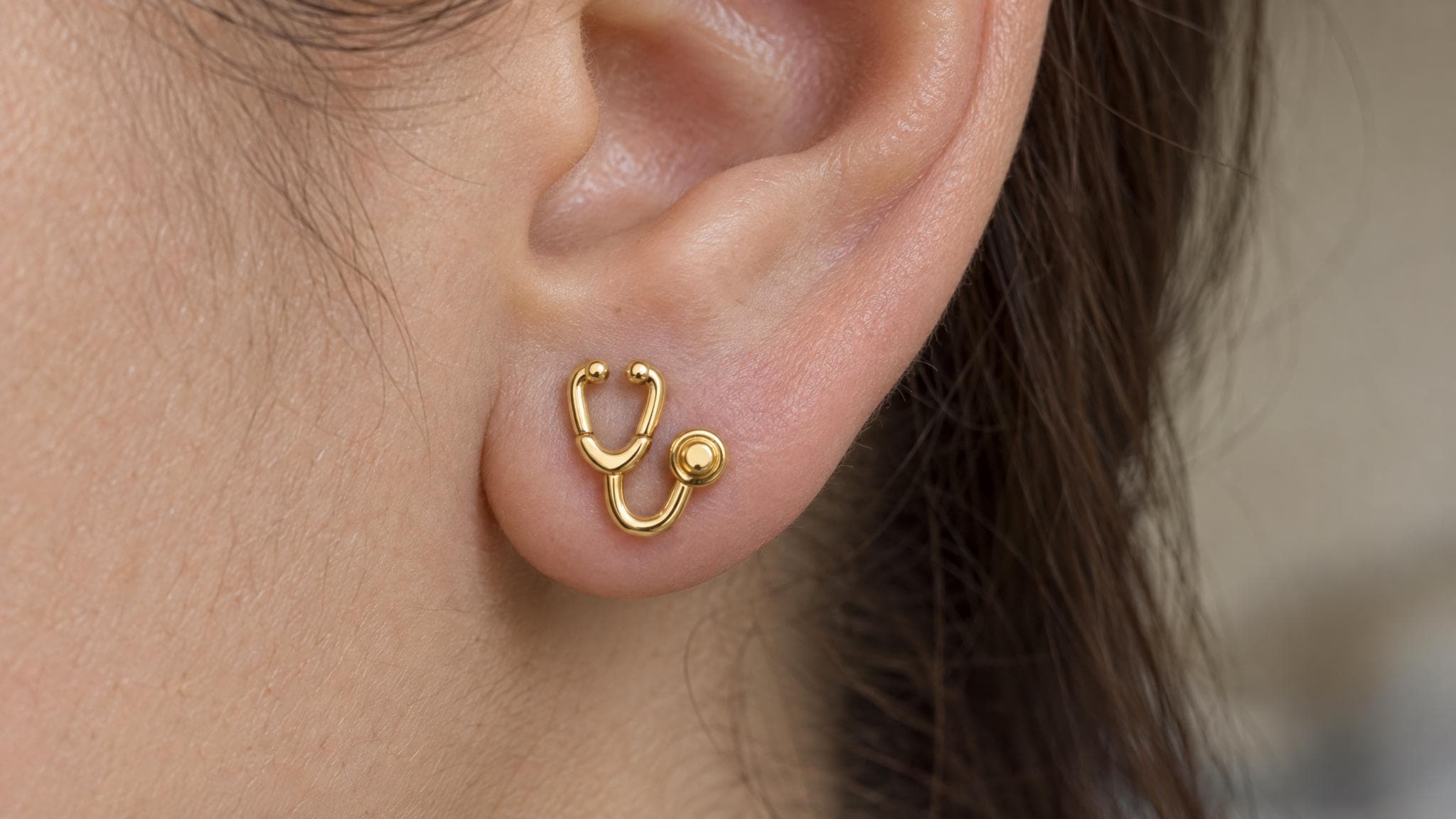14k Solid Gold Stethoscope Earrings: Medical Jewelry Studs in Yellow Gold, Rose, White, or Silver