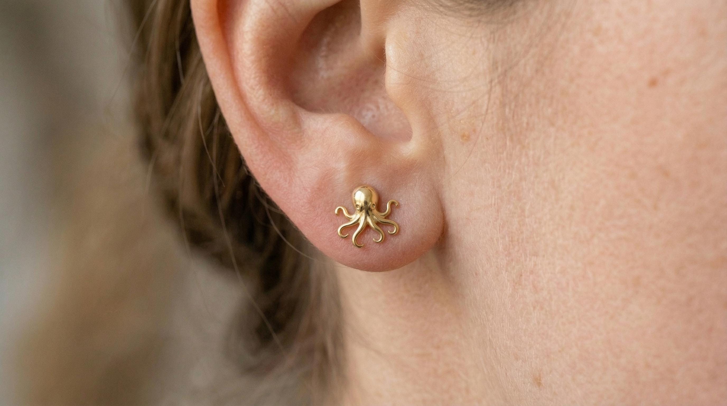 14k Solid Gold Octopus Earrings: Octopus Jewelry Studs in Yellow Gold, Rose, White, or Silver
