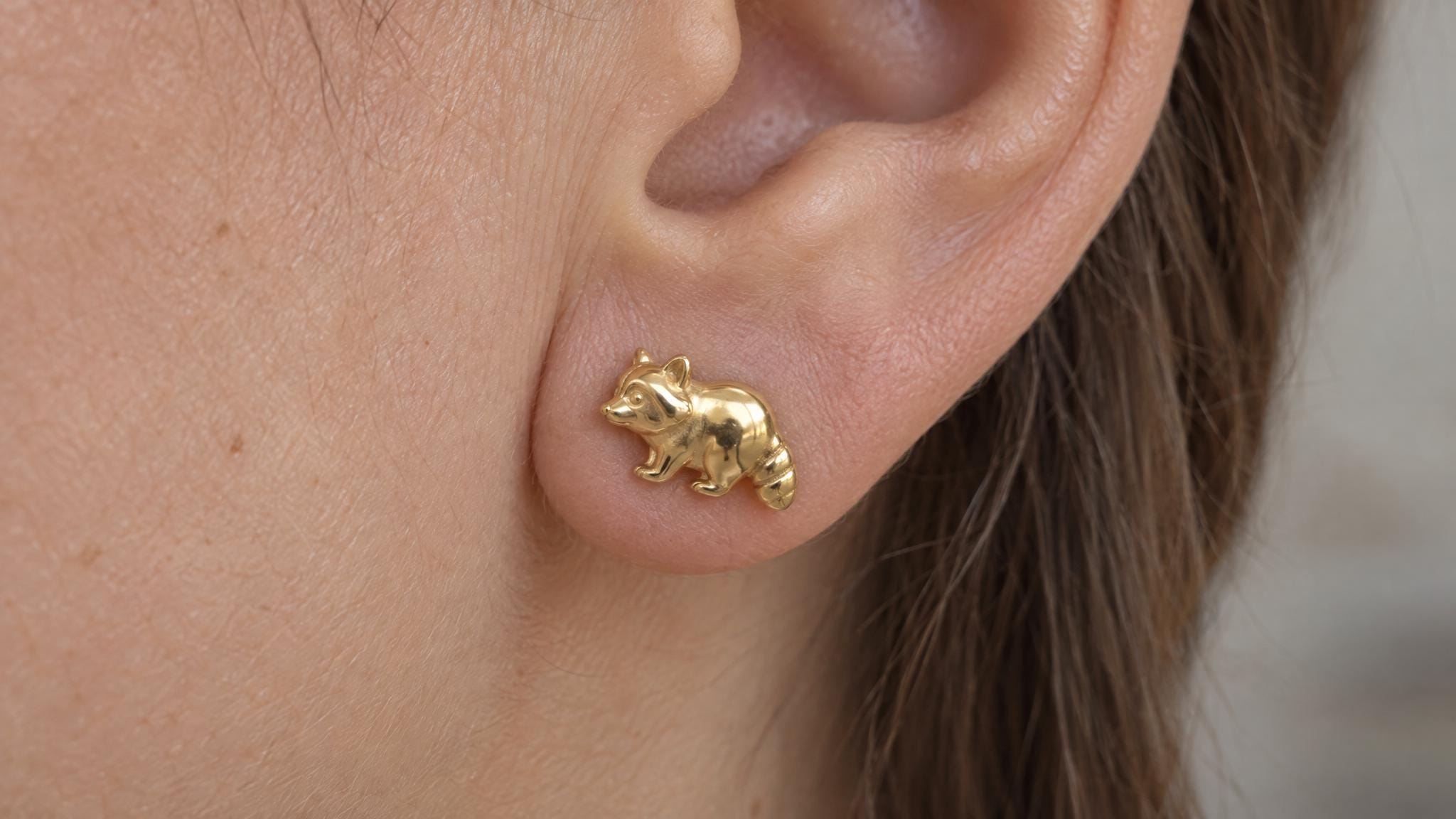 14k Solid Gold Raccoon Earrings: Woodland Animal Jewelry Studs in Yellow Gold, Rose, White, or Silver