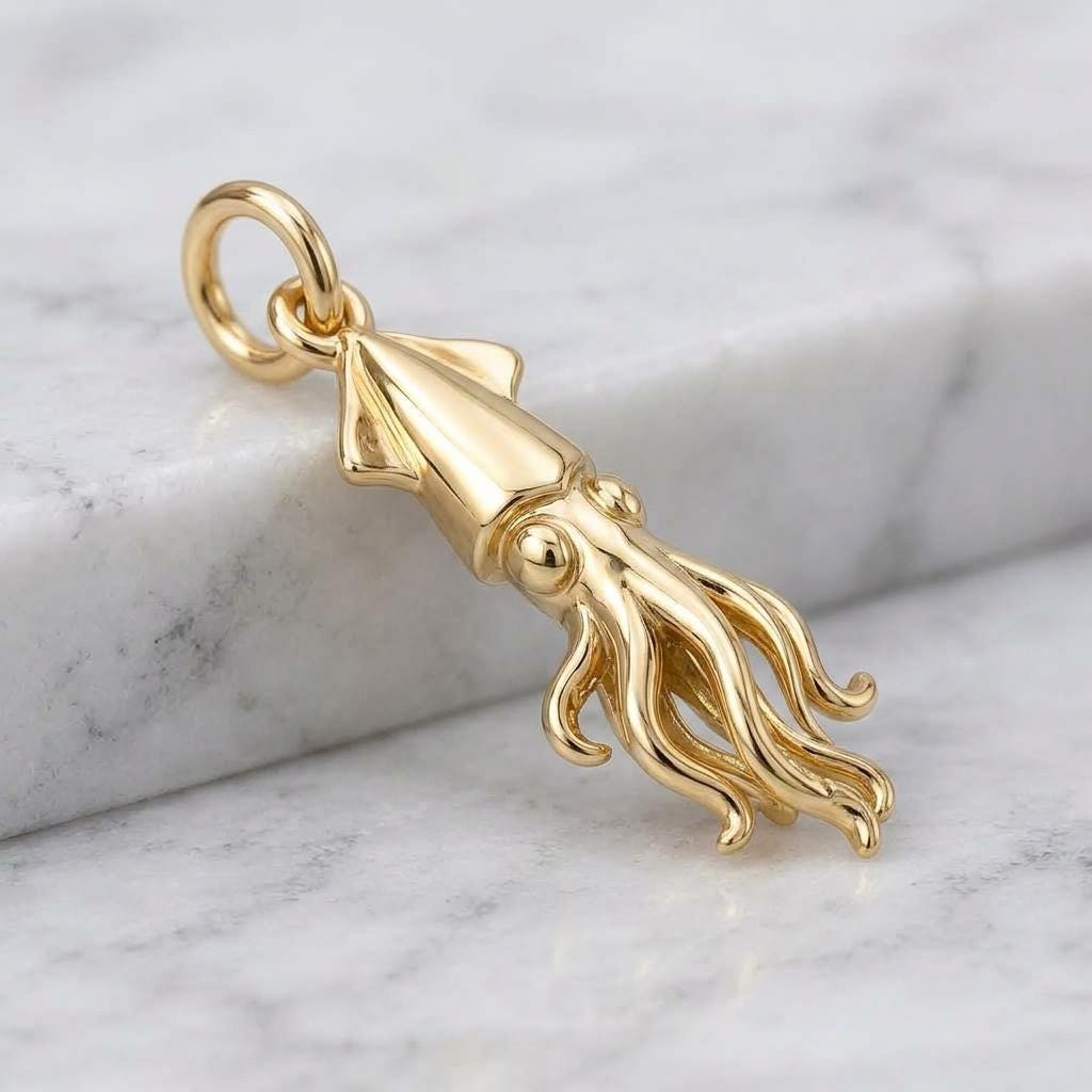 Solid Gold Squid Bracelet Charm in Yellow, Rose, White Gold or Sterling Silver