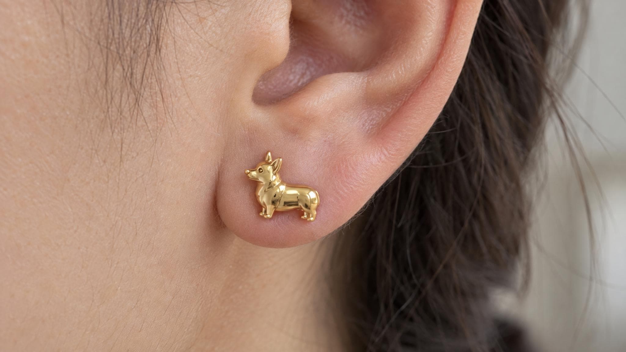 14k Solid Gold Corgi Earrings: Corgi Dog Jewelry Studs in Yellow Gold, Rose, White, or Silver