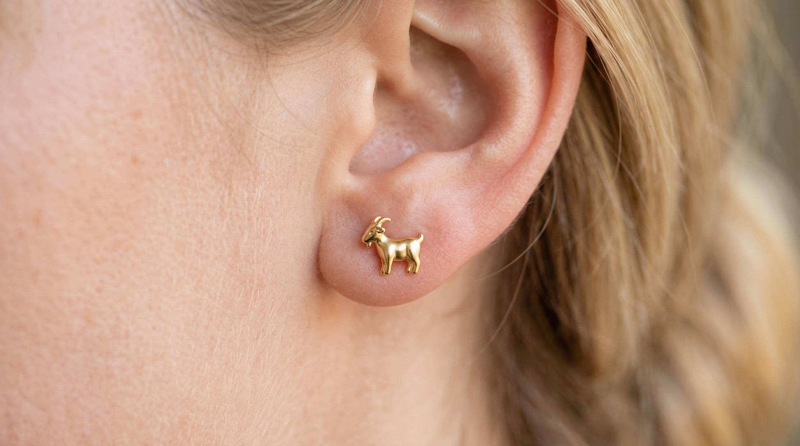 14k Solid Gold Goat Earrings: Farm Jewelry Studs in Yellow Gold, Rose, White, or Silver