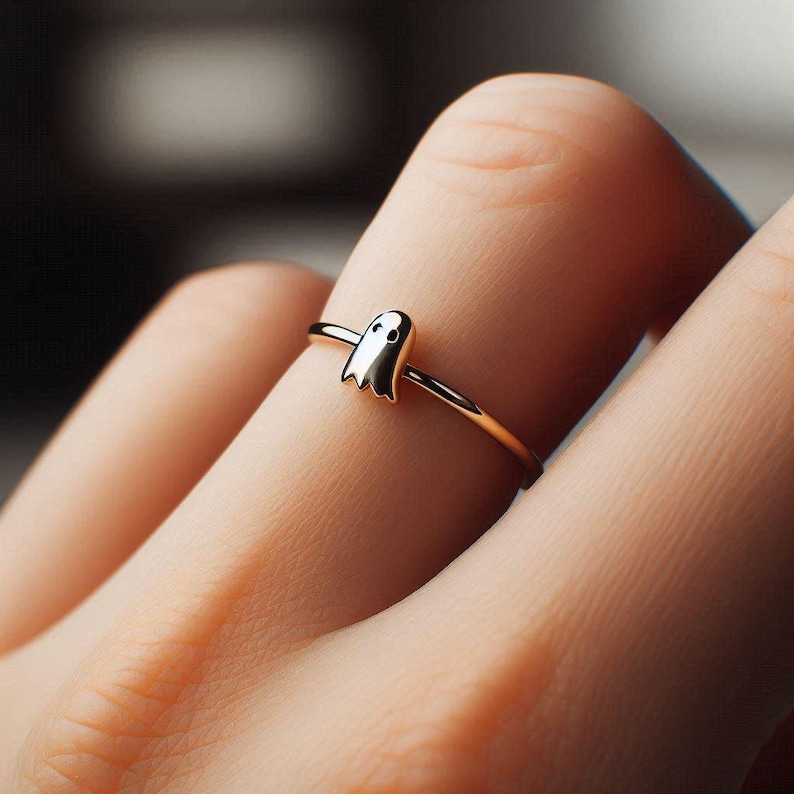 Minimalistischer Geisterring aus Gelbgold, Halloween-Ring, Geisterschmuck, zierliches Geistergeschenk aus massivem Gold, Halloween-Gold, Weißgold, Roségold Bild 1