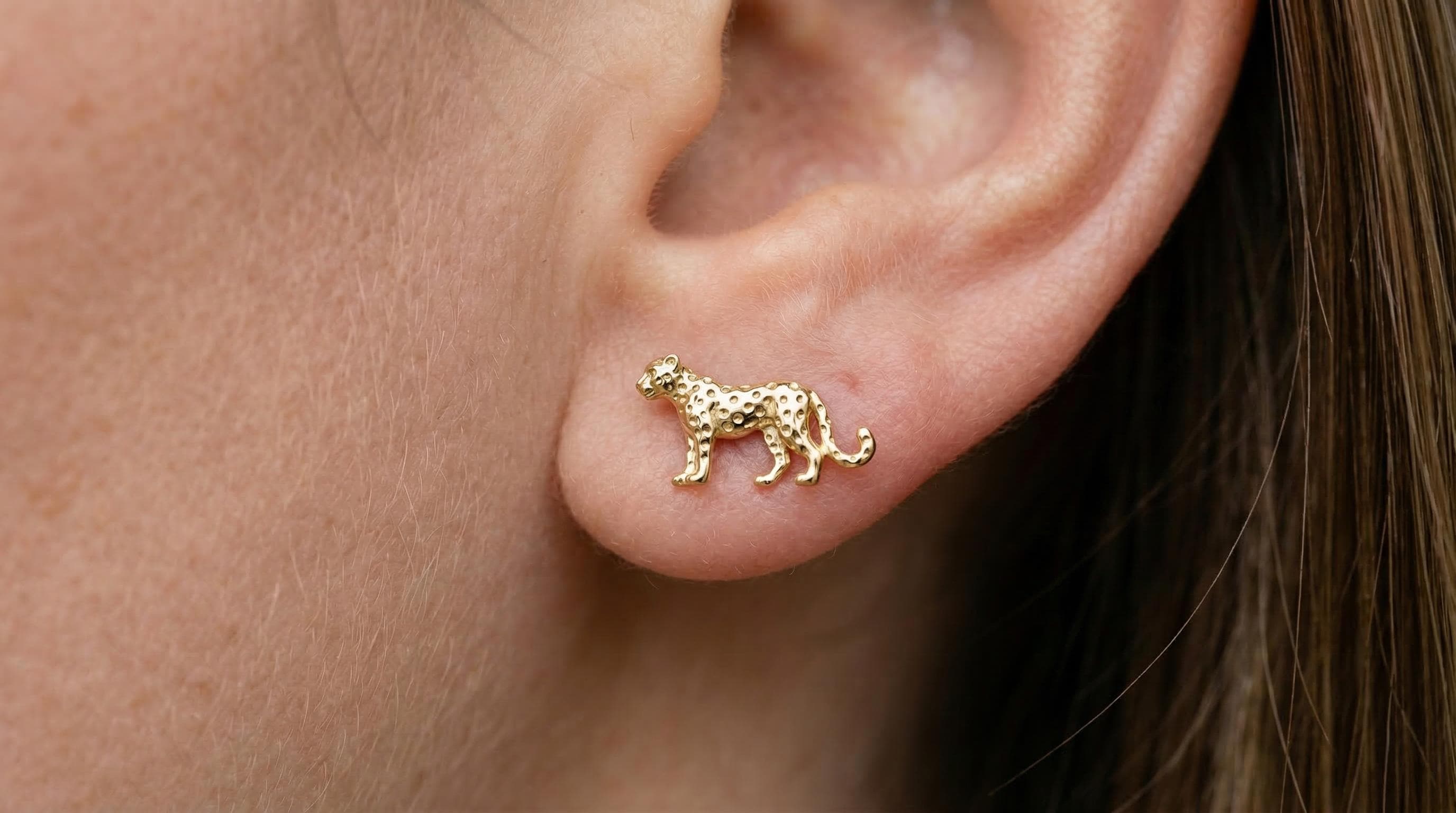 14k Solid Gold Cheetah Earrings: Africa Jewelry Studs in Yellow Gold, Rose, White, or Silver
