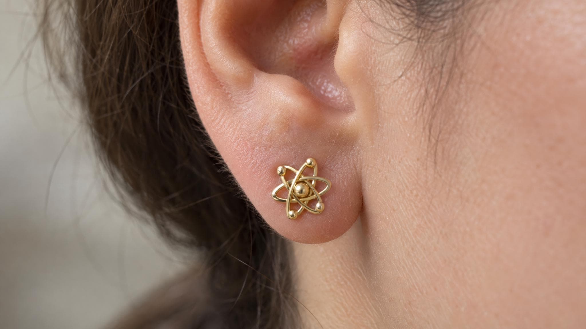14k Solid Gold Atom Stud Earrings: Science Jewelry Studs in Yellow Gold, Rose, White, or Silver
