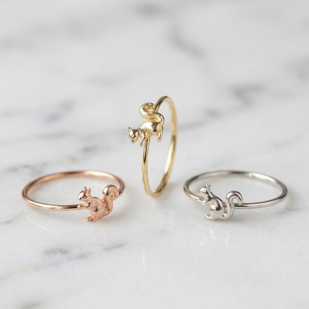 Dainty Solid Yellow Gold Minimalist Squirrel Ring