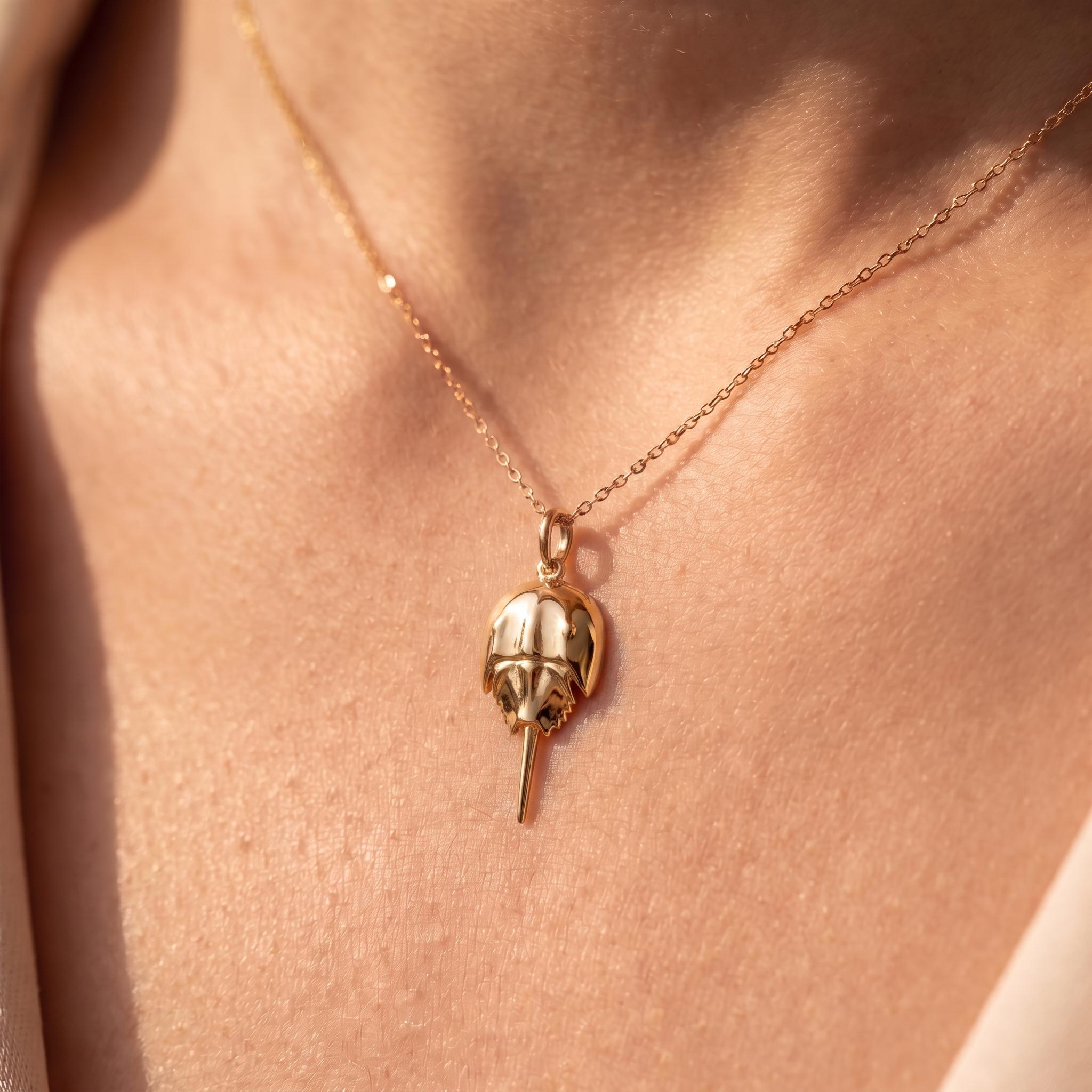 Solid Gold Horseshoe Crab Charm Necklace – Minimalist Living Fossil Dainty Pendant