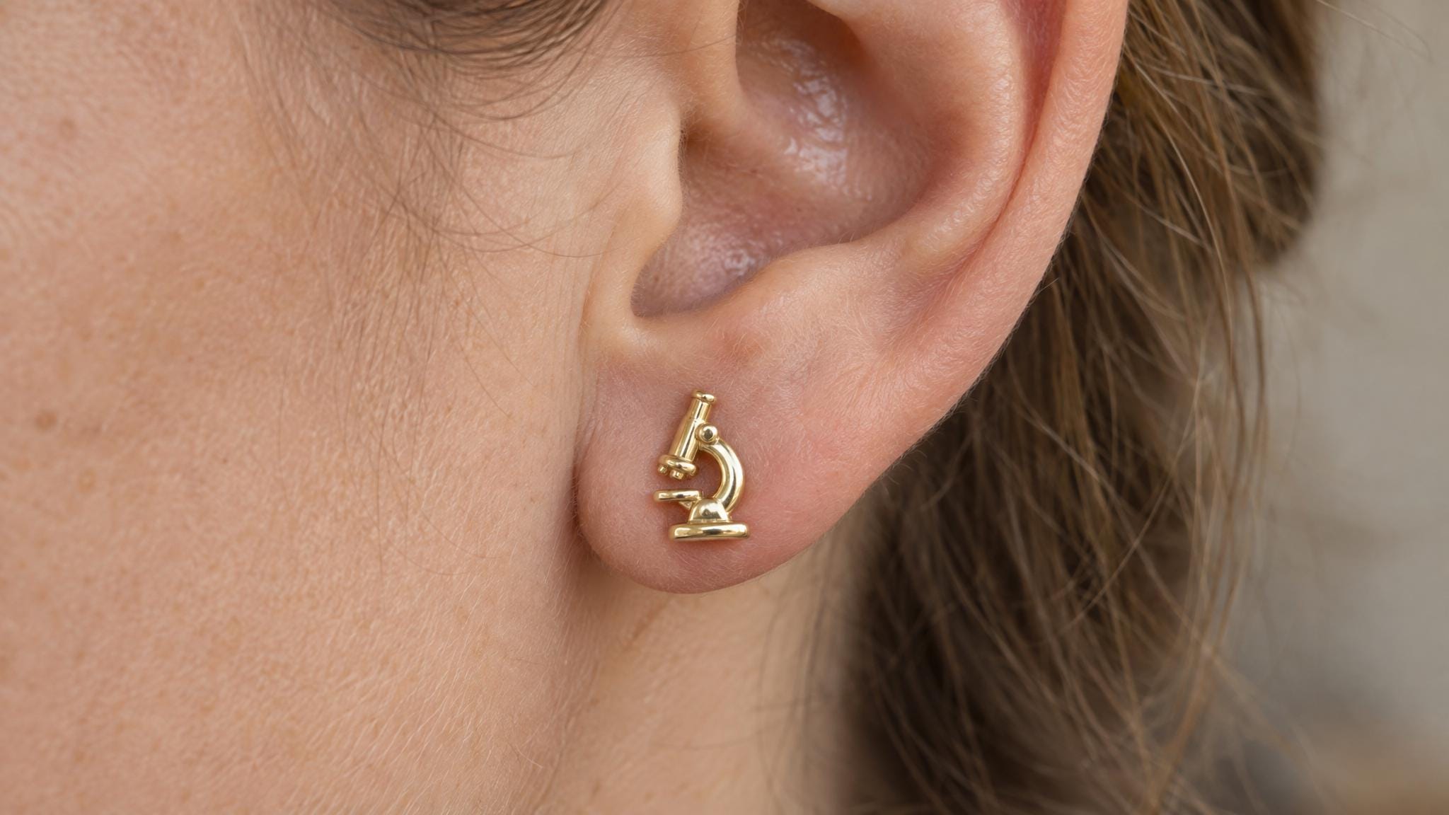 14k Solid Gold Microscope Earrings: Scientific Jewelry Studs in Yellow Gold, Rose, White, or Silver